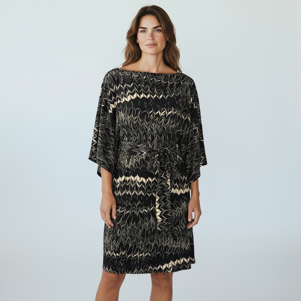 KAREN ZAMBOS Vintage Couture Womens Black Print Dress Tie Waist Loose Fit Small‎